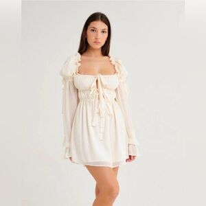 Rumored Cream Long Sleeve Ruffle Tie-Front Mini Dress